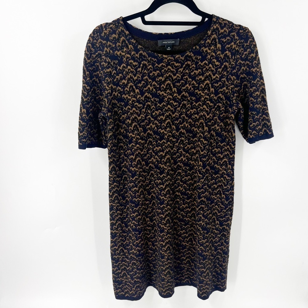 ✅ ANN TAYLOR WOOL BLEND Sweater Dress Navy Blue & Tan Brown Women Size MEDIUM